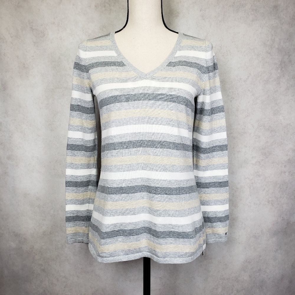 Tommy Hilfiger gray striped knit v neck sweater S